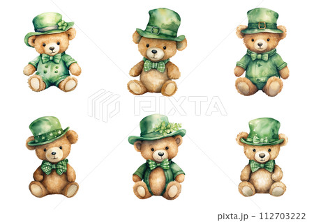 Playful Teddy Bears in Green Hats and Bow Ties 112703222