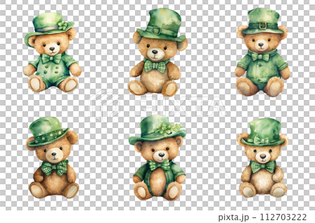 Playful Teddy Bears in Green Hats and Bow Ties 112703222