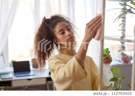 African American young woman cleaning shelves while doing Spring cleaning in cozy home copy space 112703428