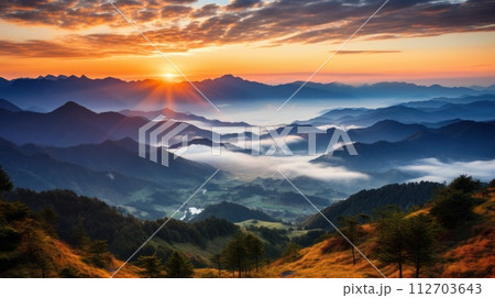 Cloud and mountains view sunset. Generative AI 112703643
