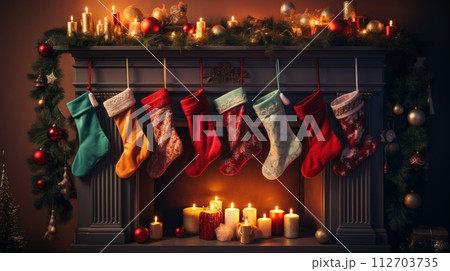 Christmas sock on fireplace mantel. Beautifully decorated living room. Generative AI 112703735