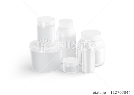 Blank white protein can, bottle and shaker mockup, side view 112703844