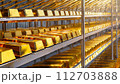 Many gold bars were placed on the iron shelves In the bank vault 112703888