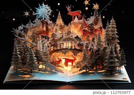 3D Popup Magic Christmas Wonders on book. Generative AI 112703977