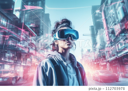 Double exposure photography of closeup VR gamer and the beautiful sci-fi city. Generative AI 112703978