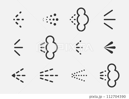 Spray icons set of aerosol or airbrush for water gas nozzle steam, perfume deodorant, graffiti paint. Sign shower drops, disinfection, cleaning. 112704390