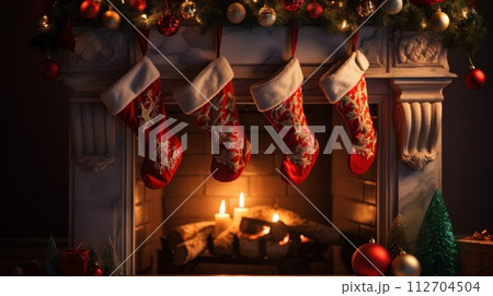 Christmas sock on fireplace mantel. Beautifully decorated living room. Generative AI 112704504