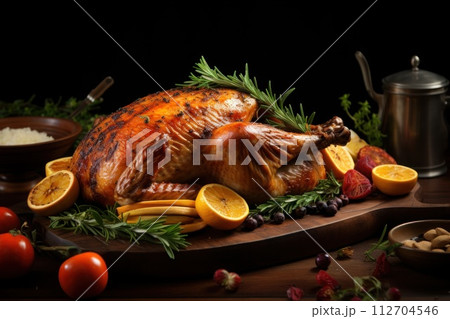 Delicious Turkey on a table nicely decorated in a garden Thanksgiving minimalist. Generative AI 112704546