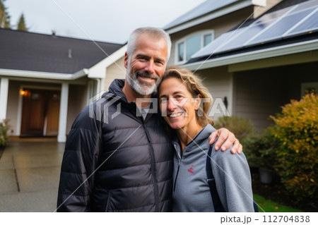 A happy couple stands smiling in the a large house with solar panels installed. Generative AI 112704838