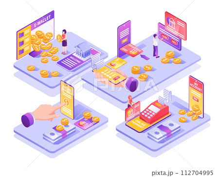 Isometric mobile and digital banking services composition illustration 112704995