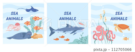 Hand drawn sea wildlife composition with different marine animals set Hand drawn sea wildlife composition with different marine animals set 112705066