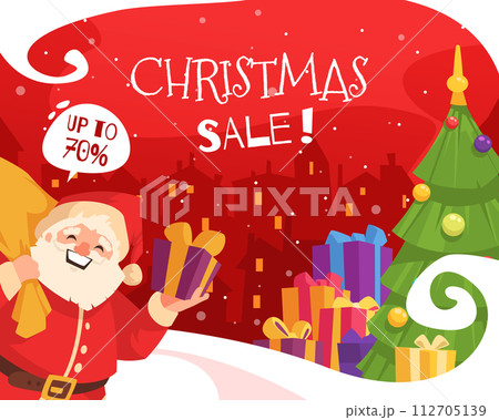 Cartoon advertising composition for Christmas sale with Santa Claus giving presents 112705139