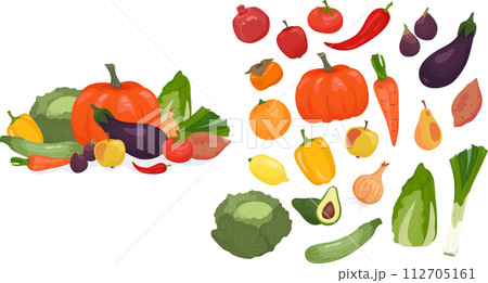 Hand drawn fruits and vegetables icon illustration set 112705161