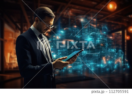 Businessman connected tech devices and icons applications. Generative AI 112705591