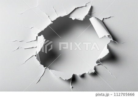 Torn white paper with a circular gap in the middle. Generative AI Torn white paper with a circular gap in the middle. Generative AI 112705666