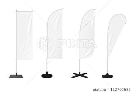 Realistic beach flags or banner stands, blank mockups of outdoor advertising, isolated vector. White beach flags, feather, bow or teardrop and rectangle banner stands on poles for promotion display Realistic beach flags or banner stands, blank mockups of outdoor advertising, isolated vector. White beach flags, feather, bow or teardrop and rectangle banner stands on poles for promotion display 112705682