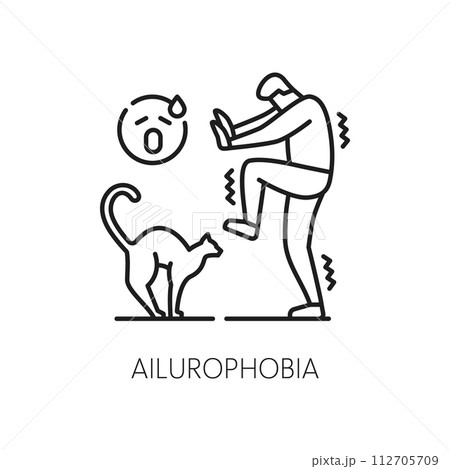 Human ailurophobia phobia icon, mental health. Fear of cats problem, People psychology or mental disorder linear vector pictogram, thin line symbol or sign with mans cared of cat Human ailurophobia phobia icon, mental health. Fear of cats problem, People psychology or mental disorder linear vector pictogram, thin line symbol or sign with mans cared of cat 112705709