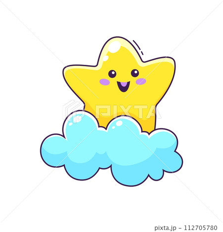 Cartoon cute kawaii star character on cloud. Happy smiling little twinkle star vector personage standing on blue cloud in the sky. Cheerful superstar waving cartoon emoticon, space object emoji 112705780
