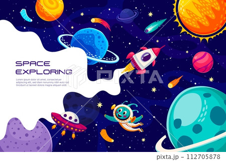 Space rocket in galaxy between planets and stars. Vector poster with spaceship or spacecraft travel in Universe explore cosmos with white smoke frame, alien astronaut and ufo on galaxy background Space rocket in galaxy between planets and stars. Vector poster with spaceship or spacecraft travel in Universe explore cosmos with white smoke frame, alien astronaut and ufo on galaxy background 112705878
