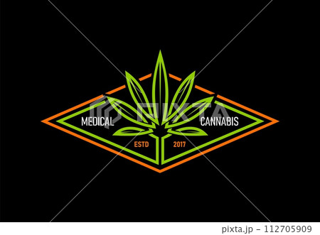 Medical cannabis, marijuana and CBD pharmaceutical treatment, vector weed leaf symbol. Cannabis sativa label for medical cannabis smoke or CBD health therapy and oil drops package emblem 112705909