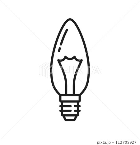 Incandescent candle light bulb, LED lamp line icon. Classic lightbulb with wire filament and E14 socket, energy efficient LED lamp, modern illumination technology outline vector pictogram or icon 112705927