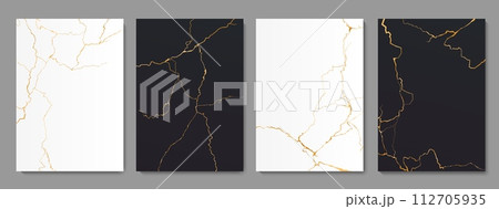 Golden Kintsugi cracks and floor marble tile texture patterns, vector backgrounds. Broken marble with gold foil effect of crackles in black and white stone, Kintsugi or Kintsukuroi ceramic cracks art 112705935