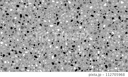 White, grey and black terrazzo marble stone floor texture or terazzo ceramic tile, vector pattern. Terrazo mosaic background of marble pieces or granite quartz abstract pattern for ceramic tile design 112705968