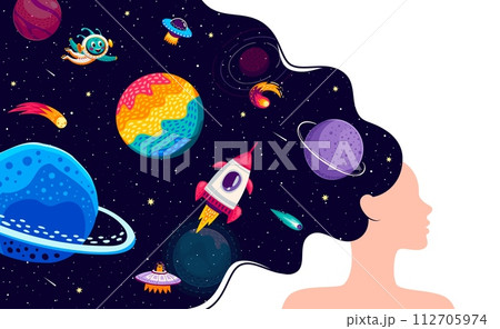 Woman with galaxy space hair. Cosmos adventure, outerspace discovery or astronomy flight cartoon vector backdrop or concept. Space travel background with rocket, alien UFO, comets and fantasy planets Woman with galaxy space hair. Cosmos adventure, outerspace discovery or astronomy flight cartoon vector backdrop or concept. Space travel background with rocket, alien UFO, comets and fantasy planets 112705974