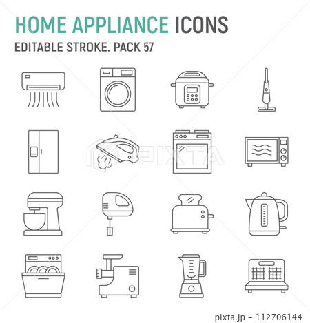 Home appliances line icon set, household collection, vector graphics, logo illustrations, house equipment vector icons, appliances signs, outline pictograms, editable stroke Home appliances line icon set, household collection, vector graphics, logo illustrations, house equipment vector icons, appliances signs, outline pictograms, editable stroke 112706144