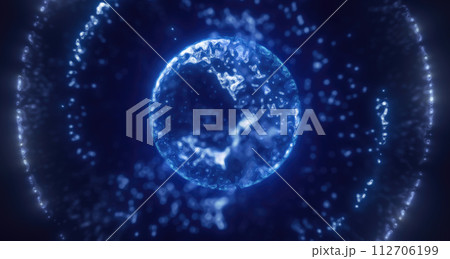 Blue energy magic circle, sphere, ball made of futuristic waves and lines of particles of atomic energy and electricity force field. Abstract background 112706199