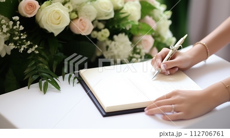 Guests sign, wish joy, enrich couple's celebration, create cherished memories, AI Generated 112706761