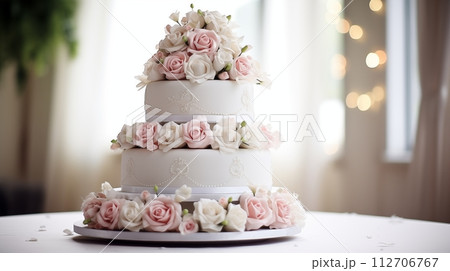 Sweetly adorned wedding cake with beautiful roses, AI Generated 112706767