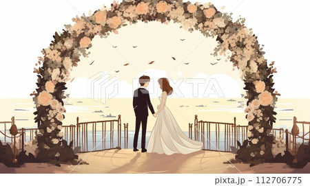 Bride, groom hold hands by floral arch, joyous atmosphere., AI Generated 112706775