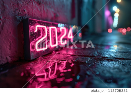 Pink neon light with number 2024 on dark. Generative AI 112706881