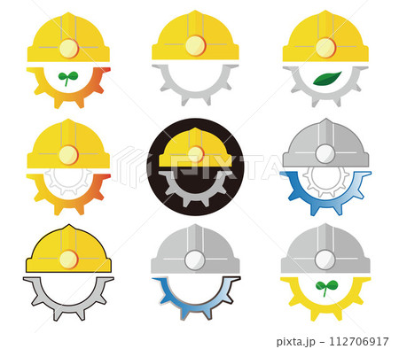建設関係のロゴーヘルメットと歯車のアイコンセットイラスト素材 112706917