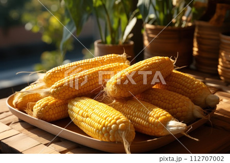 Autumn still life with corn on a wooden table. Generative AI 112707002