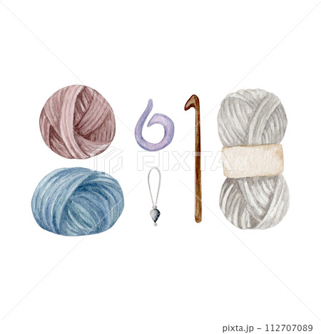 knitting ball, skein of yarn, crochet, stitch markers, hand draw, watercolor illustration, ball of yarn 112707089