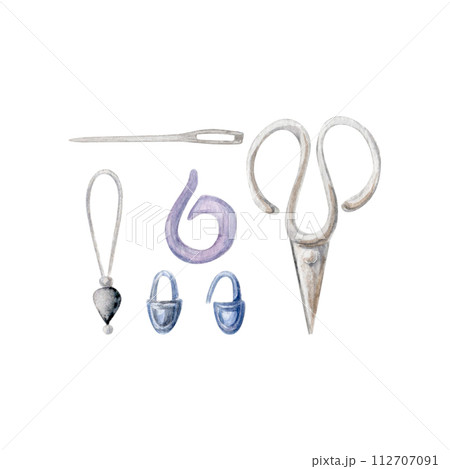 knitting accessories, stitch markers, needle, scissors, hand draw, watercolor illustration, instrument 112707091