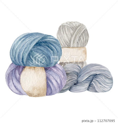 Composition of knitting ball of yarn, watercolor illustration, hand draw 112707095