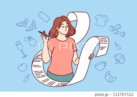 Woman is holding long receipt with expenses and is embarrassed about bills for purchases or services Woman is holding long receipt with expenses and is embarrassed about bills for purchases or services 112707122