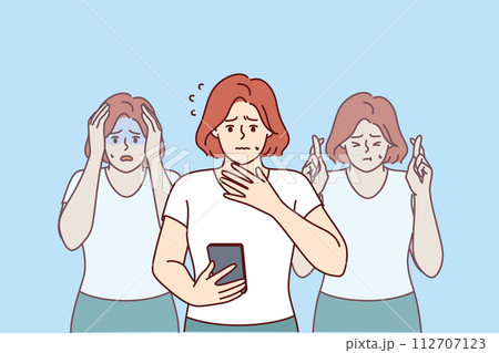 Worried woman reads message on mobile phone about foreclosure on house and feels panic Worried woman reads message on mobile phone about foreclosure on house and feels panic 112707123