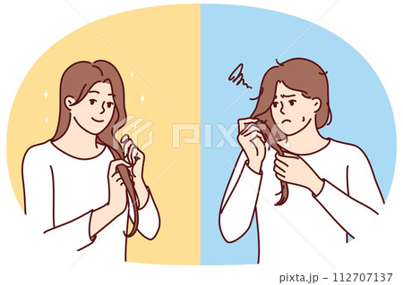 Unhappy woman examines problematic hair and smiling girl is pleased with own hairstyle. Vector image Unhappy woman examines problematic hair and smiling girl is pleased with own hairstyle. Vector image 112707137