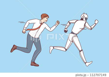 Man office clerk attacks AI robot, out of fear digitalization and robotization causing mass layoffs 112707149