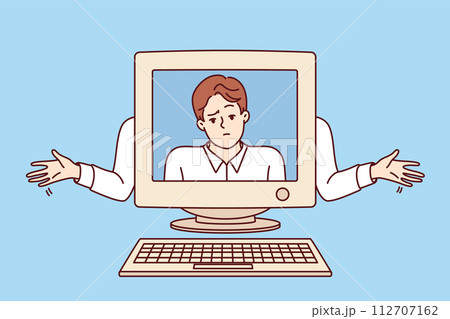 Old computer with disappointed man on screen, as metaphor outdated technologies. Old computer with disappointed man on screen, as metaphor outdated technologies. 112707162