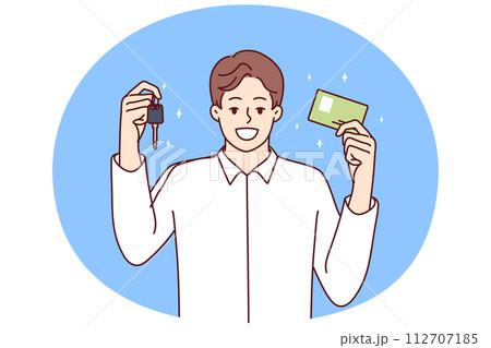 Happy man in white shirt demonstrates drivers license and keys to new car. Vector image 112707185