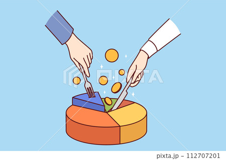 Statistical chart and hands partners dividing financial pie, trying to extract income from business Statistical chart and hands partners dividing financial pie, trying to extract income from business 112707201