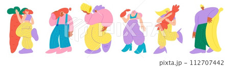 People eat food. Color persons carry big meal products. Fresh fruit and snacks. Woman holding huge carrot. Cheese and sausage. Man with chocolate candy. Vector healthy characters set 112707442