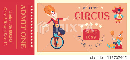 circus ticket template. Clowns and cartoon jokers and jesters comedians with funny faces. Artists performance invitation. Cute jugglers entertaining party flyer. Vector illustration 112707445