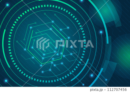 Abstract background. Tech data connect, blue line innovate system of internet network, future of business. Horizontal banner design. Green glowing backdrop, digital texture. Vector concept 112707456