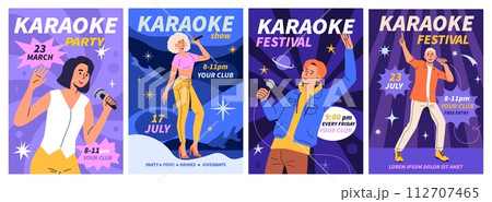 Party poster. Music singers, microphone for sing night promotion, fun concert girl and boy character in disco nightclub. Person vocal performance invitation design vector flat cartoon background Party poster. Music singers, microphone for sing night promotion, fun concert girl and boy character in disco nightclub. Person vocal performance invitation design vector flat cartoon background 112707465